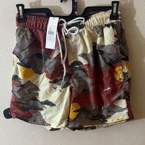 Urban Outfitters Red and Yellow Patterned Swim Shorts
